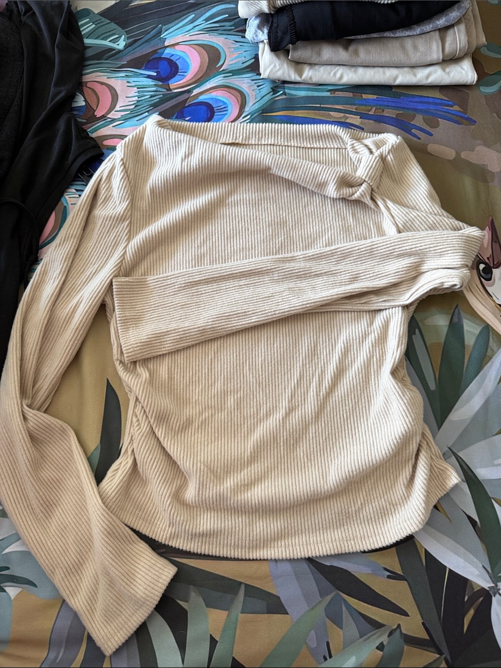 SHEIN Cream Off-Shoulder Ribbed Long-Sleeve Sweater